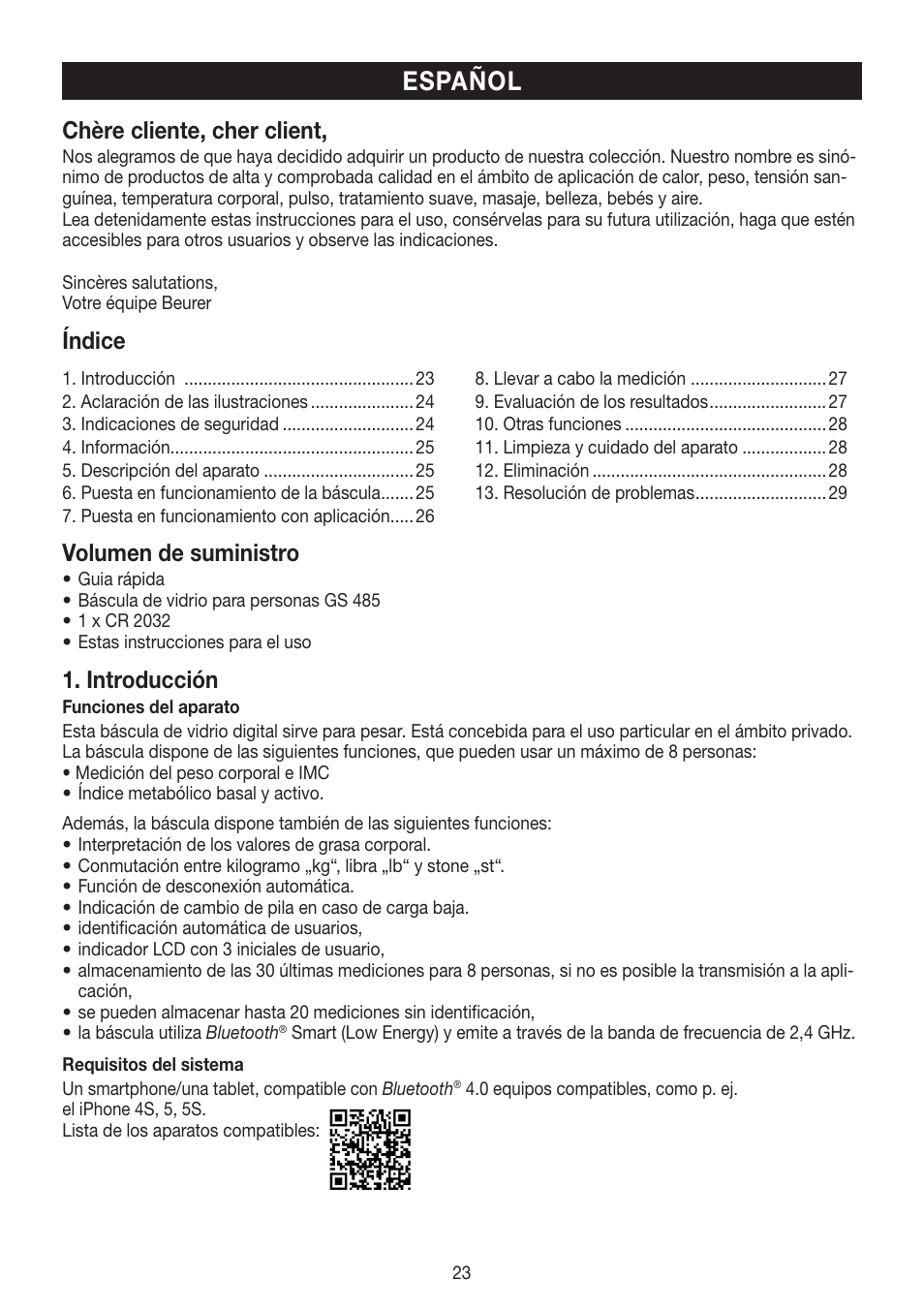 Español, Chère cliente, cher client, Índice | Volumen de suministro, Introducción | Beurer GS 485 User Manual | Page 23 / 60