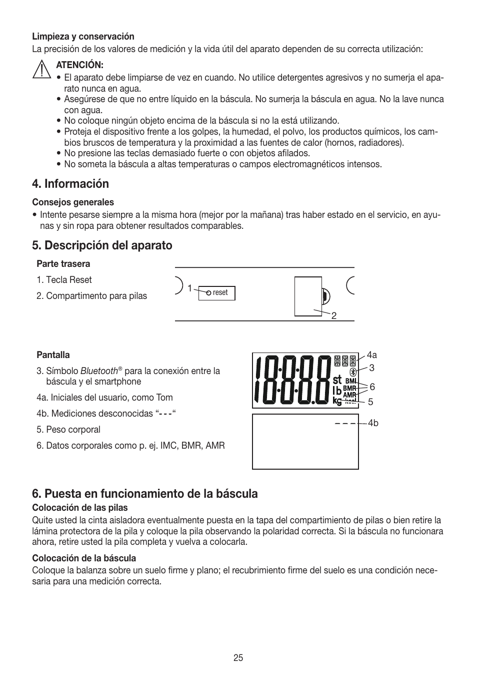 Información, Descripción del aparato, Puesta en funcionamiento de la báscula | Beurer GS 485 User Manual | Page 25 / 60