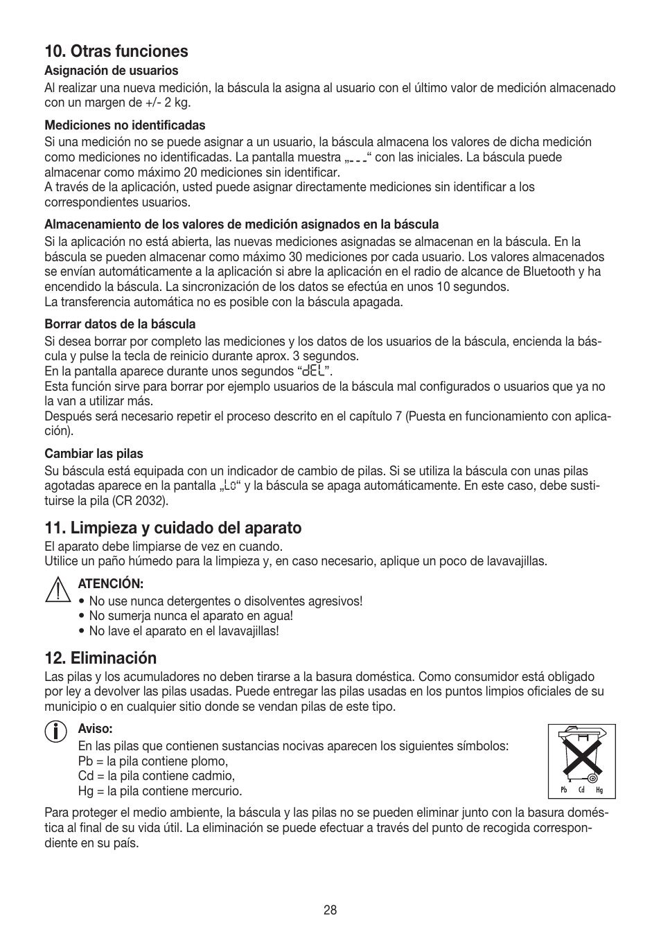 Otras funciones, Limpieza y cuidado del aparato, Eliminación | Beurer GS 485 User Manual | Page 28 / 60