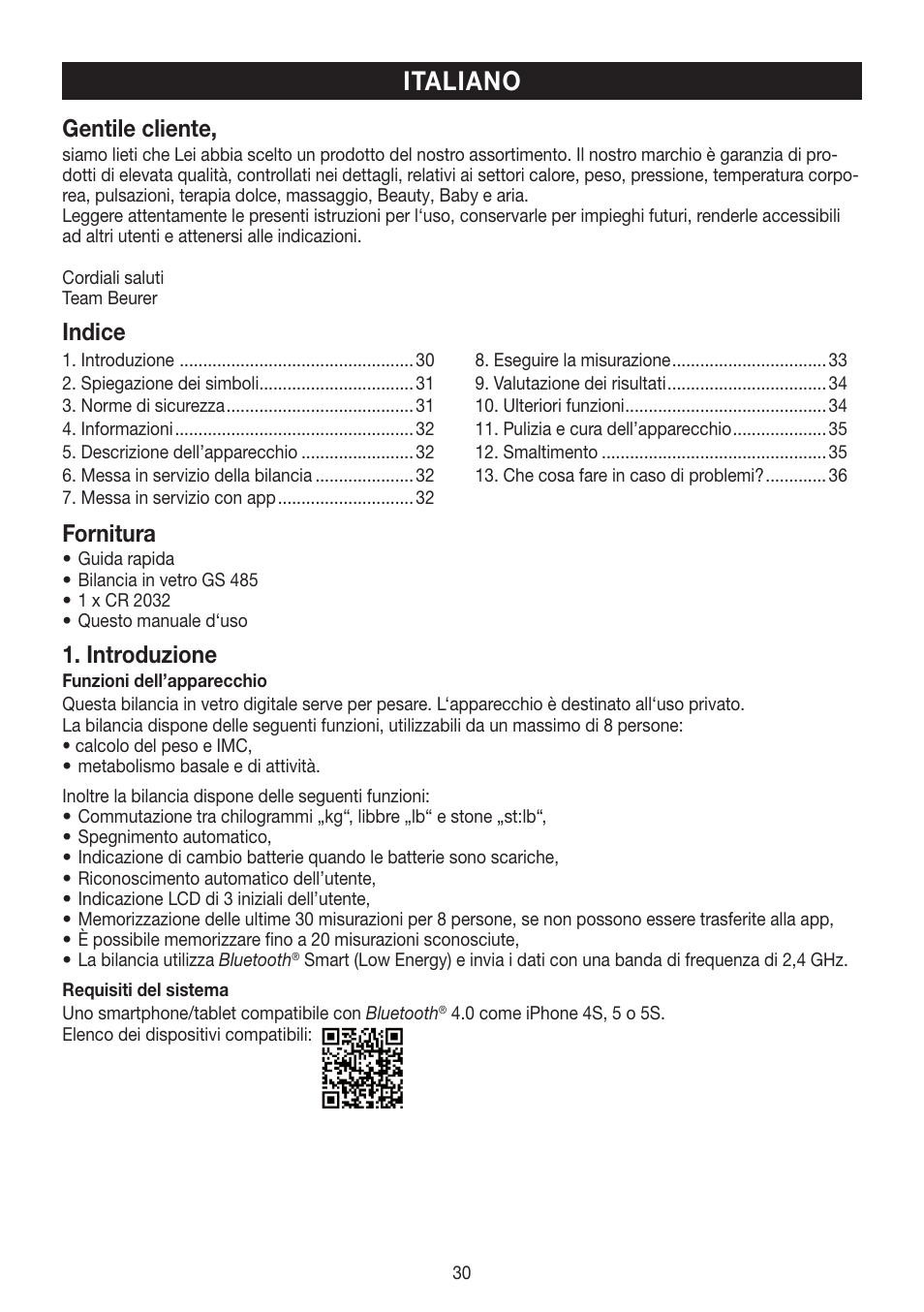 Italiano, Gentile cliente, Indice | Fornitura, Introduzione | Beurer GS 485 User Manual | Page 30 / 60