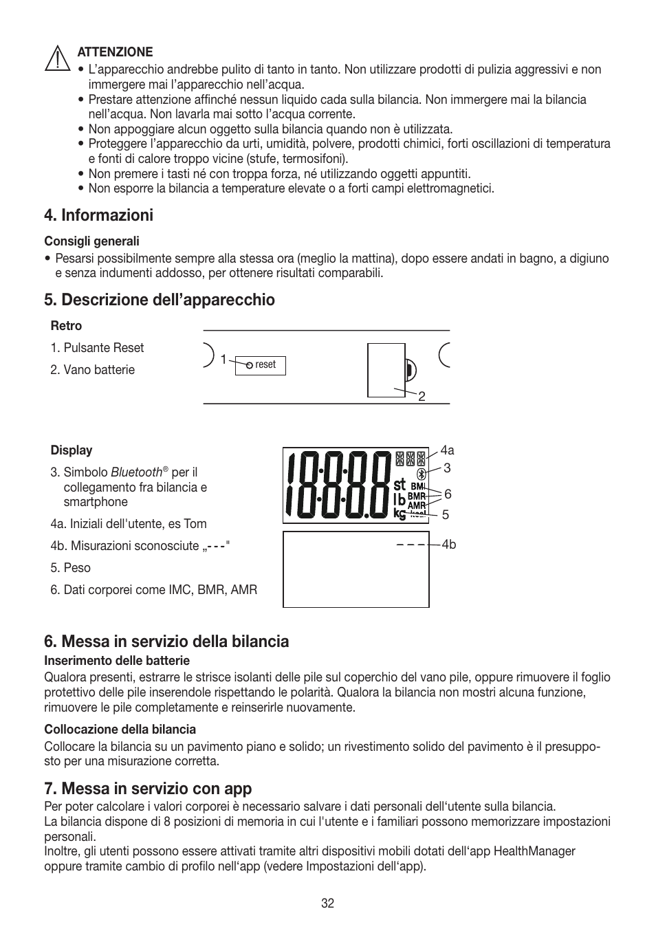 Informazioni, Descrizione dell’apparecchio, Messa in servizio della bilancia | Messa in servizio con app | Beurer GS 485 User Manual | Page 32 / 60