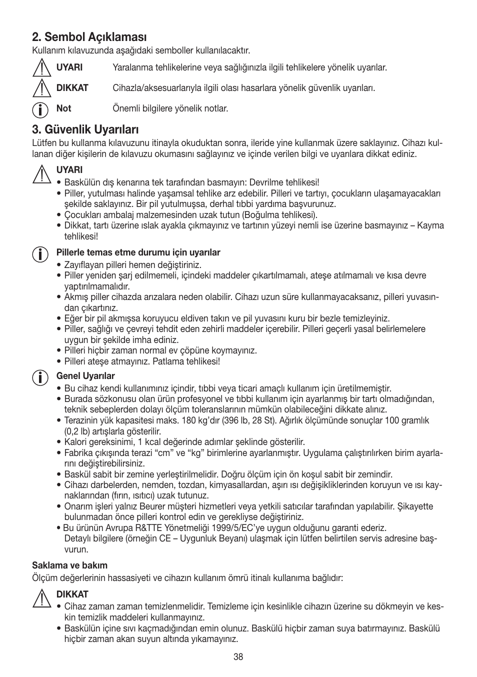 Sembol açıklaması, Güvenlik uyarıları | Beurer GS 485 User Manual | Page 38 / 60