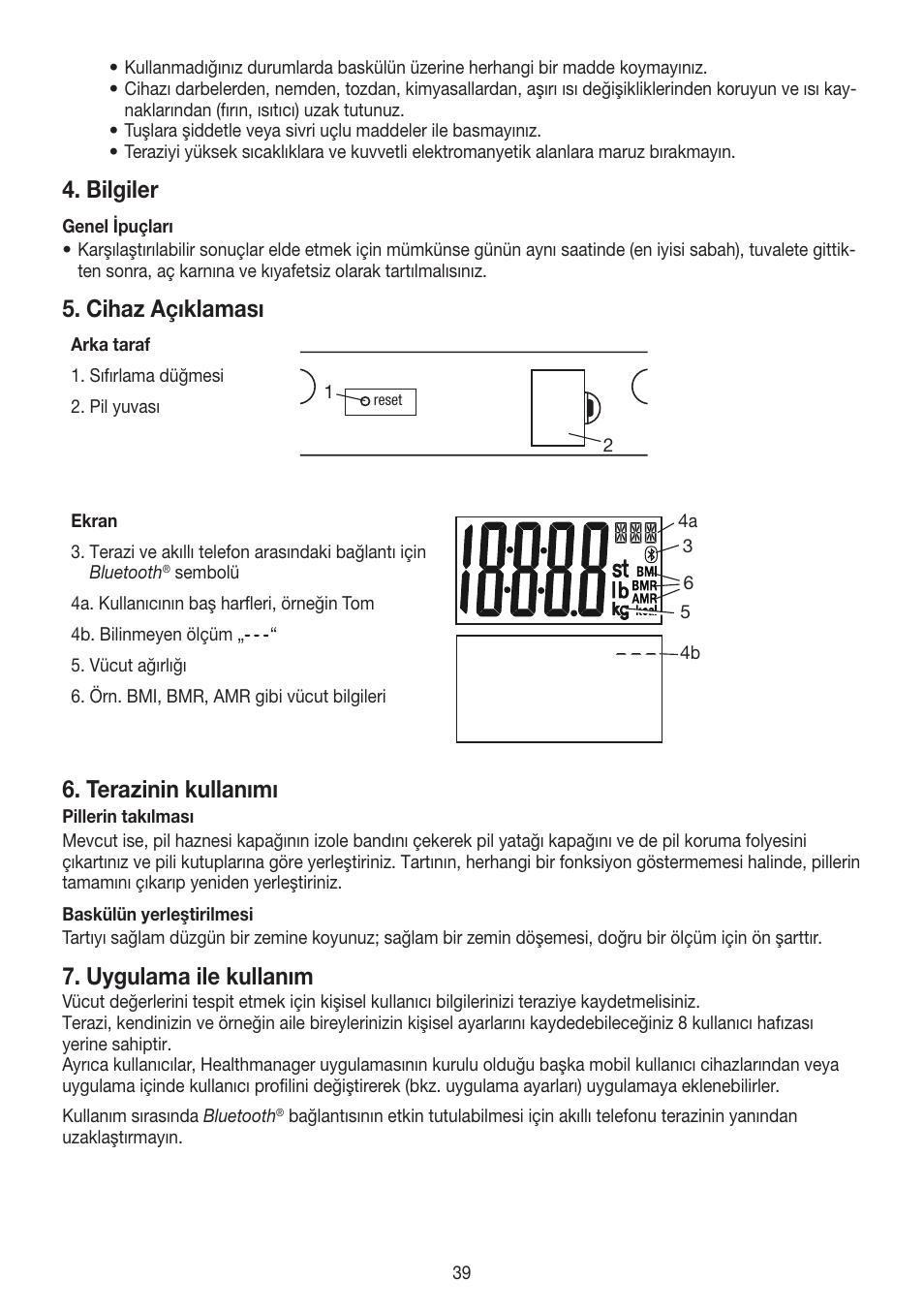 Bilgiler, Cihaz açıklaması, Terazinin kullanımı | Uygulama ile kullanım | Beurer GS 485 User Manual | Page 39 / 60