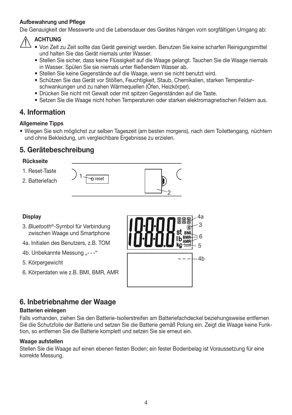 Information, Gerätebeschreibung, Inbetriebnahme der waage | Beurer GS 485 User Manual | Page 4 / 60