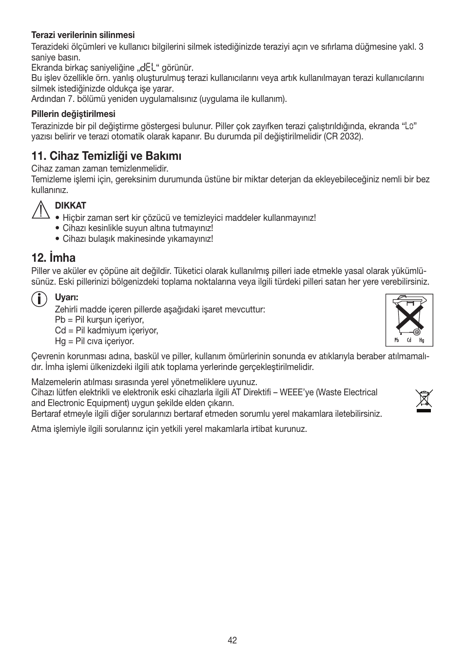 Cihaz temizliği ve bakımı, Imha | Beurer GS 485 User Manual | Page 42 / 60