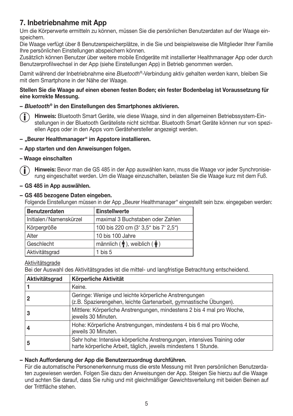 Inbetriebnahme mit app | Beurer GS 485 User Manual | Page 5 / 60