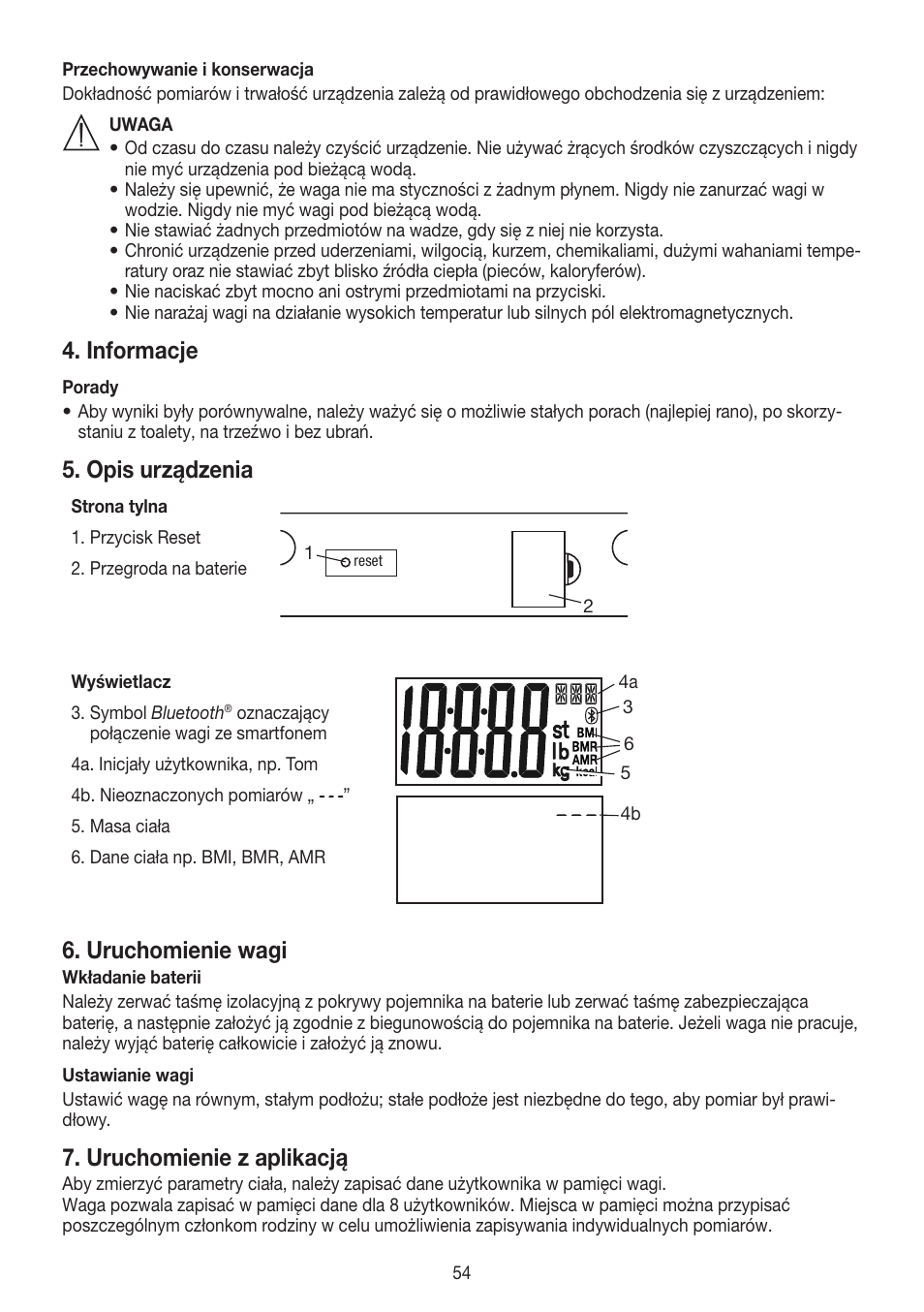 Informacje, Opis urządzenia, Uruchomienie wagi | Uruchomienie z aplikacją | Beurer GS 485 User Manual | Page 54 / 60