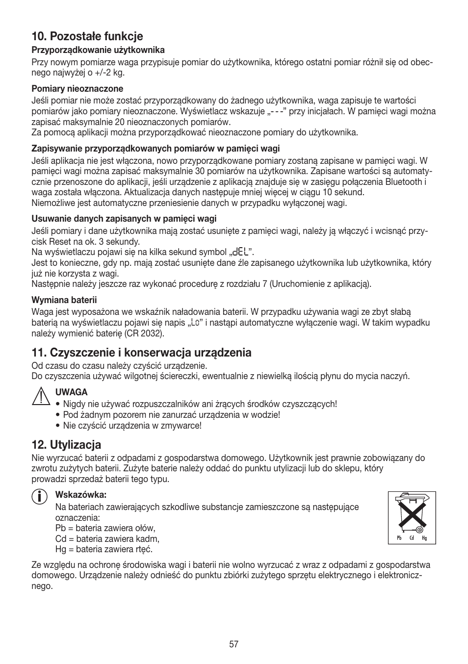 Pozostałe funkcje, Czyszczenie i konserwacja urządzenia, Utylizacja | Beurer GS 485 User Manual | Page 57 / 60