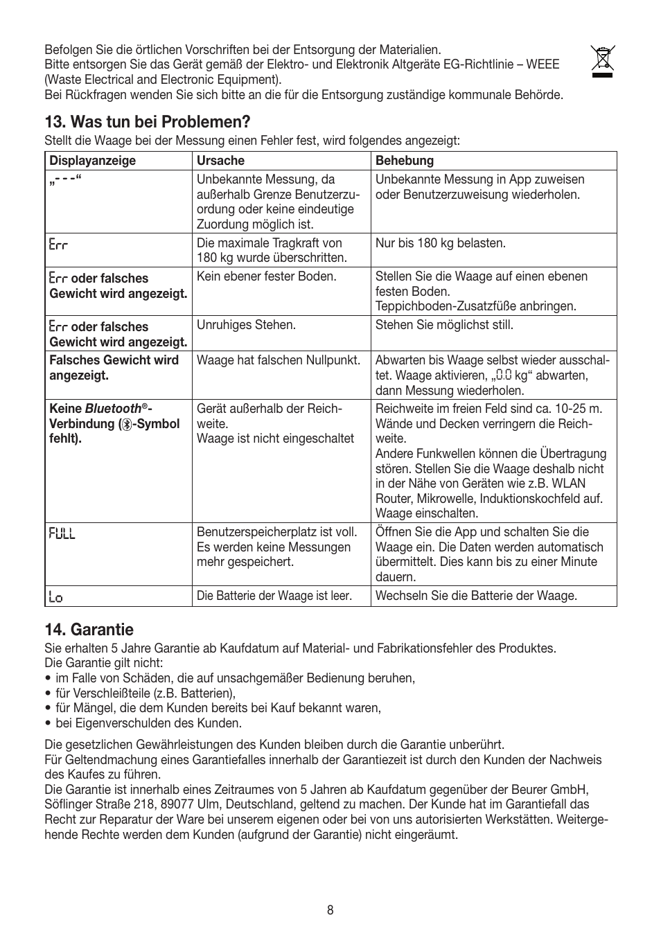 Was tun bei problemen, Garantie | Beurer GS 485 User Manual | Page 8 / 60
