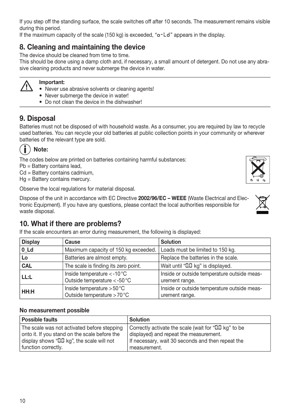 Cleaning and maintaining the device, Disposal, What if there are problems | Beurer GS 80 User Manual | Page 10 / 44