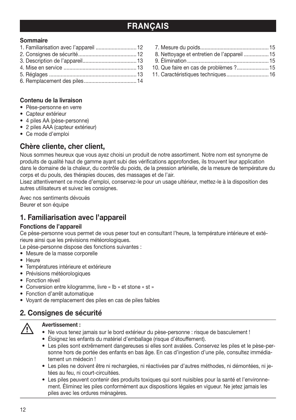 Français, Chère cliente, cher client, Familiarisation avec l’appareil | Consignes de sécurité | Beurer GS 80 User Manual | Page 12 / 44
