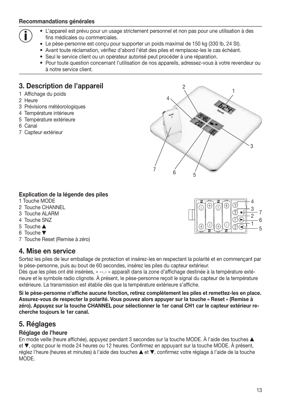 Description de l’appareil, Mise en service, Réglages | Beurer GS 80 User Manual | Page 13 / 44