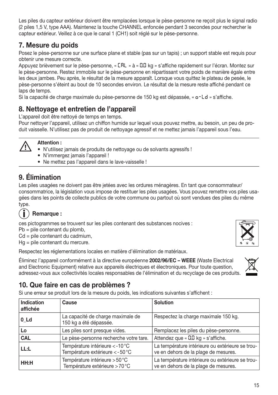 Mesure du poids, Nettoyage et entretien de l’appareil, Élimination | Que faire en cas de problèmes | Beurer GS 80 User Manual | Page 15 / 44