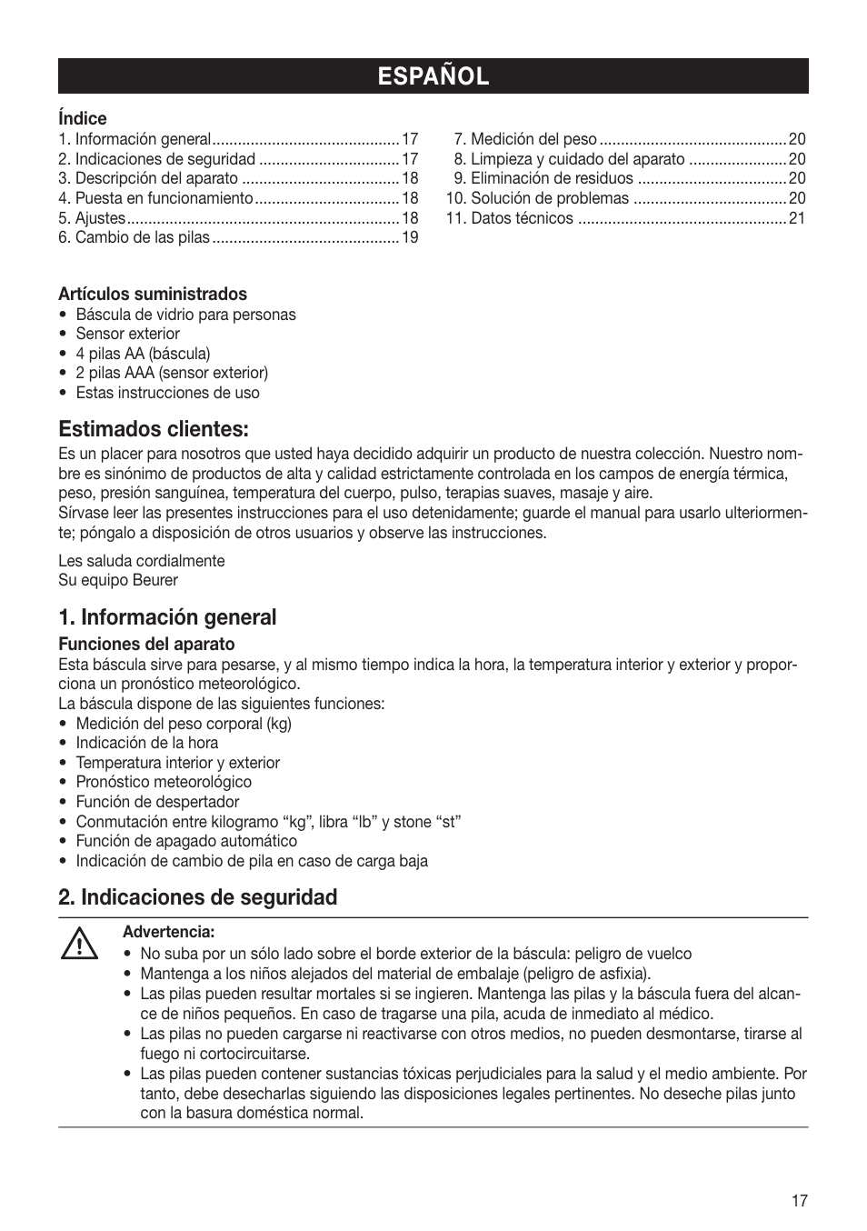 Español, Estimados clientes, Información general | Indicaciones de seguridad | Beurer GS 80 User Manual | Page 17 / 44