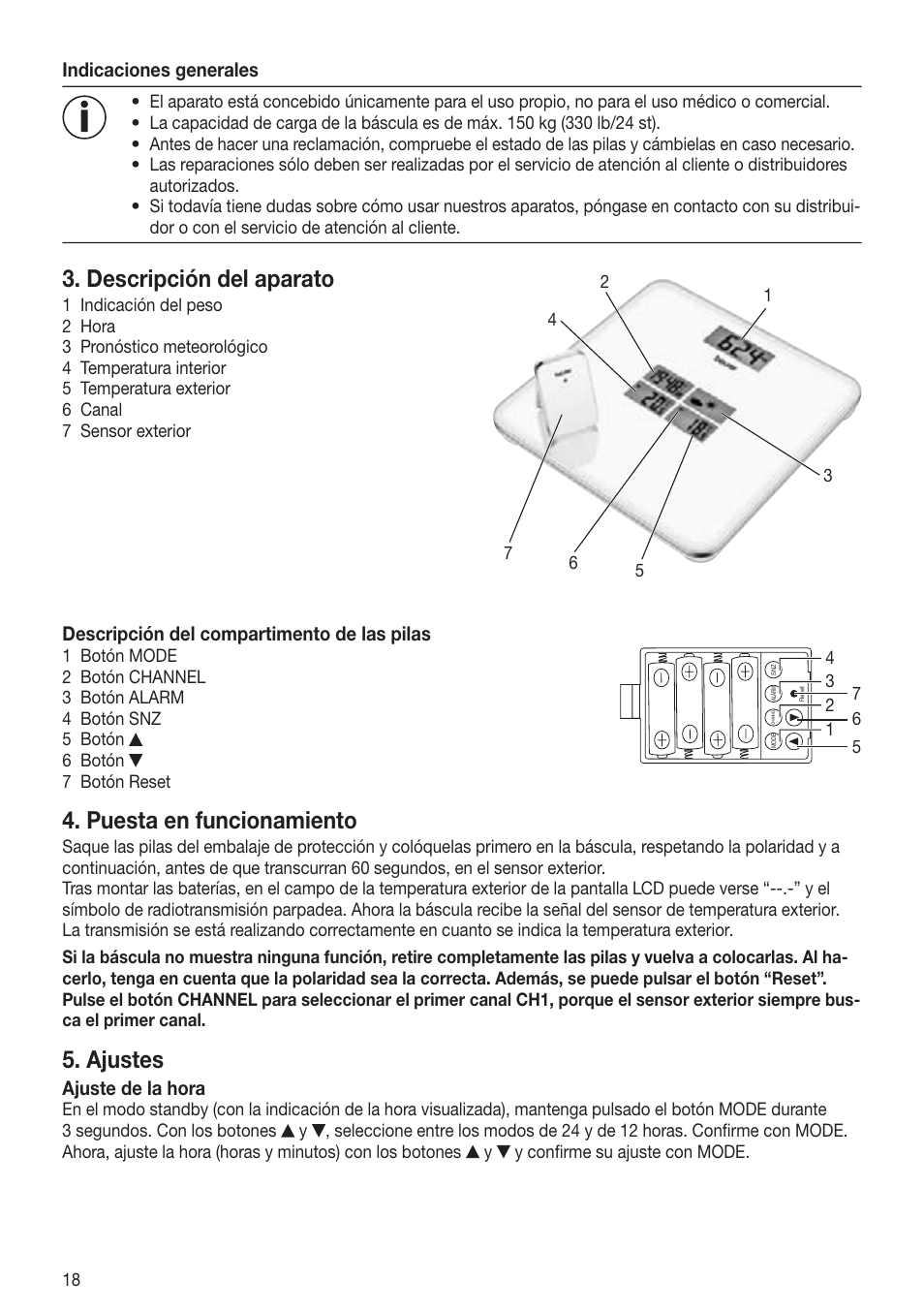 Descripción del aparato, Puesta en funcionamiento, Ajustes | Beurer GS 80 User Manual | Page 18 / 44