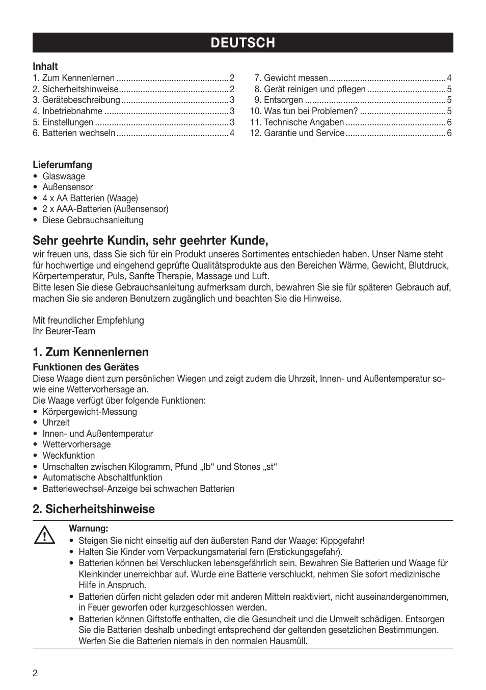 Deutsch, Sehr geehrte kundin, sehr geehrter kunde, Zum kennenlernen | Sicherheitshinweise | Beurer GS 80 User Manual | Page 2 / 44