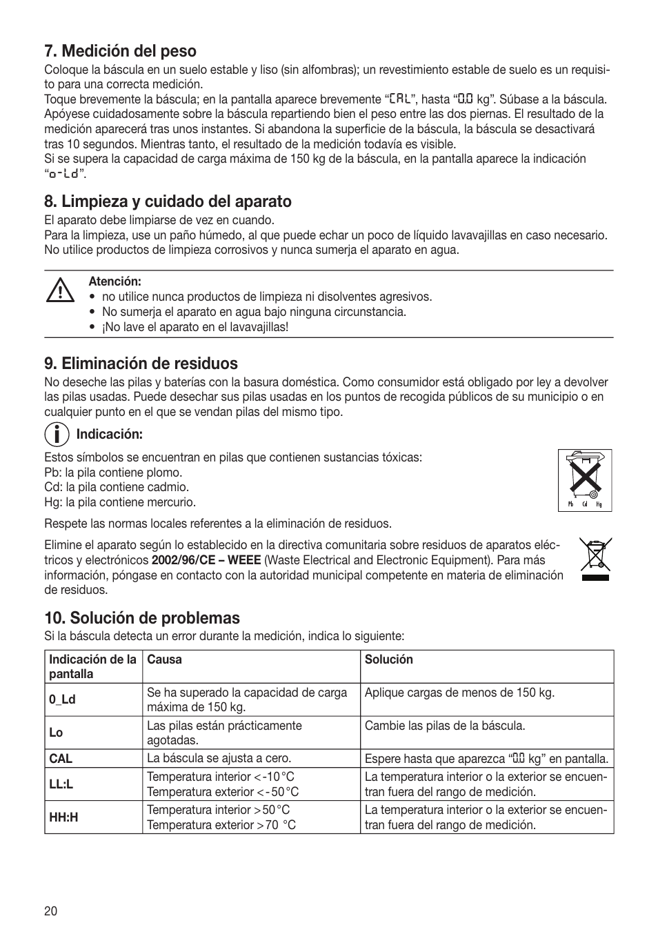 Medición del peso, Limpieza y cuidado del aparato, Eliminación de residuos | Solución de problemas | Beurer GS 80 User Manual | Page 20 / 44