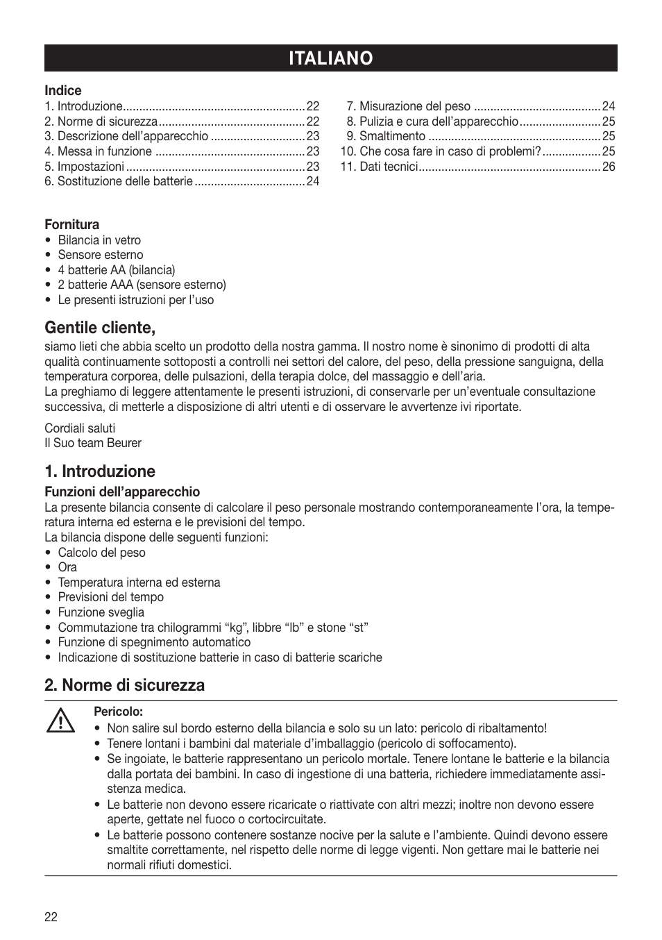 Italiano, Gentile cliente, Introduzione | Norme di sicurezza | Beurer GS 80 User Manual | Page 22 / 44