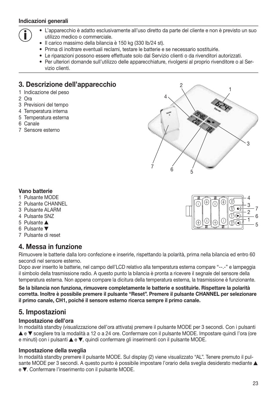 Descrizione dell’apparecchio, Messa in funzione, Impostazioni | Beurer GS 80 User Manual | Page 23 / 44