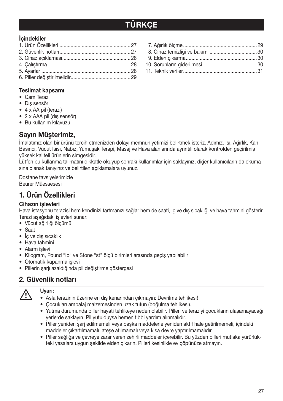 Türkçe, Sayın müşterimiz, Ürün özellikleri | Güvenlik notları | Beurer GS 80 User Manual | Page 27 / 44