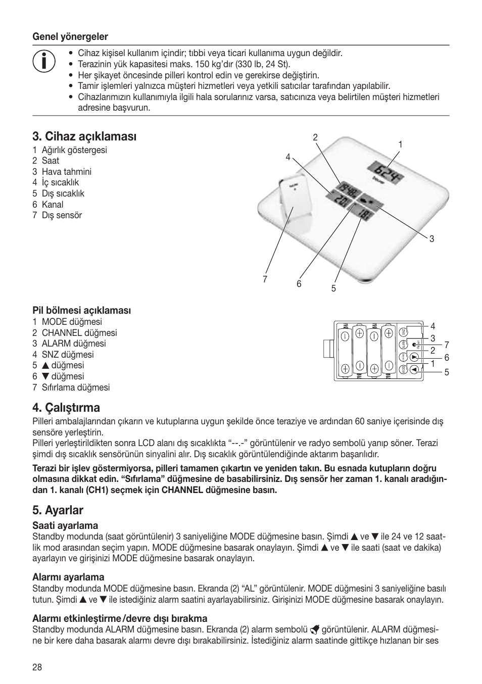Cihaz açıklaması, Çalıştırma, Ayarlar | Beurer GS 80 User Manual | Page 28 / 44
