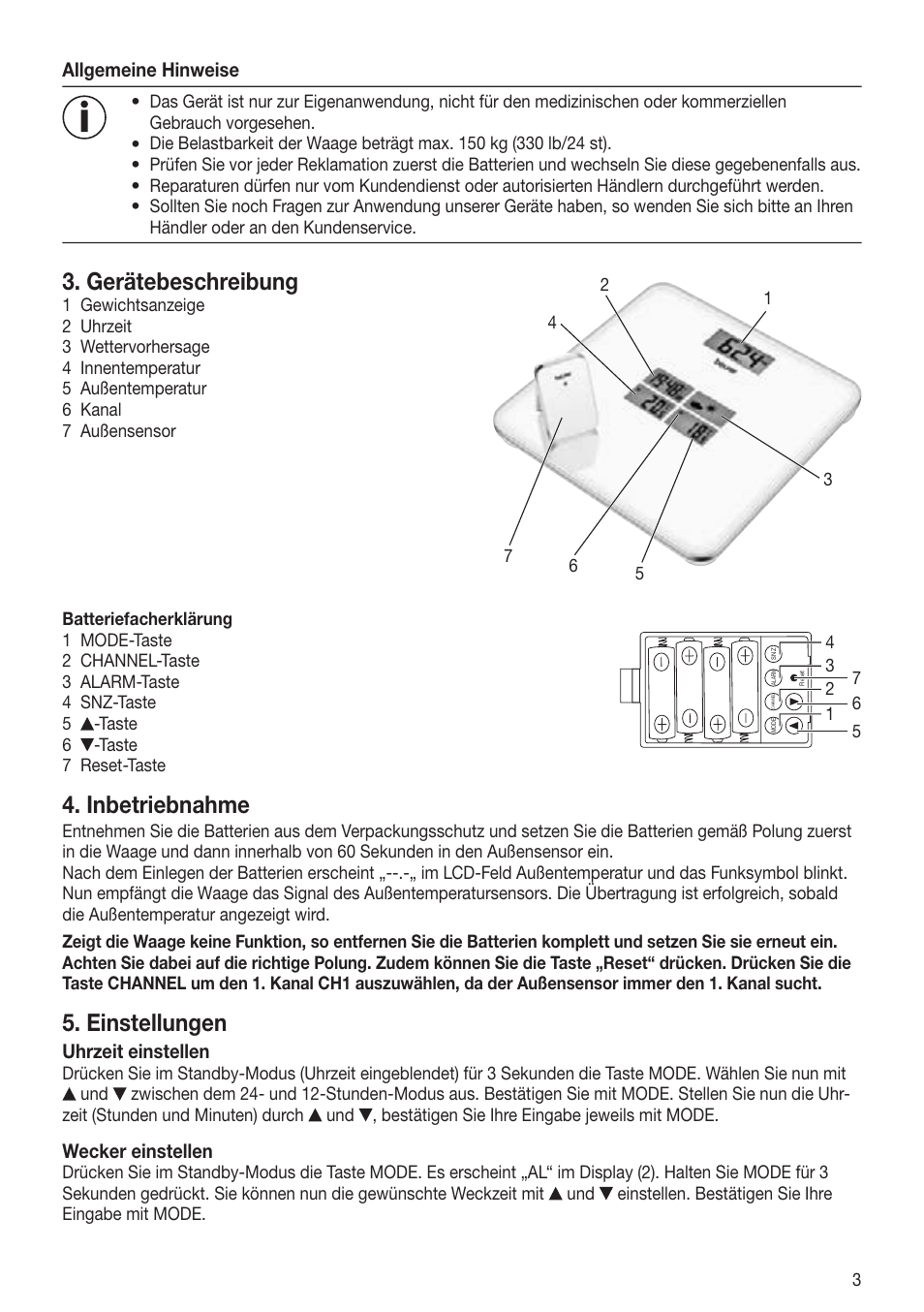 Gerätebeschreibung, Inbetriebnahme, Einstellungen | Beurer GS 80 User Manual | Page 3 / 44
