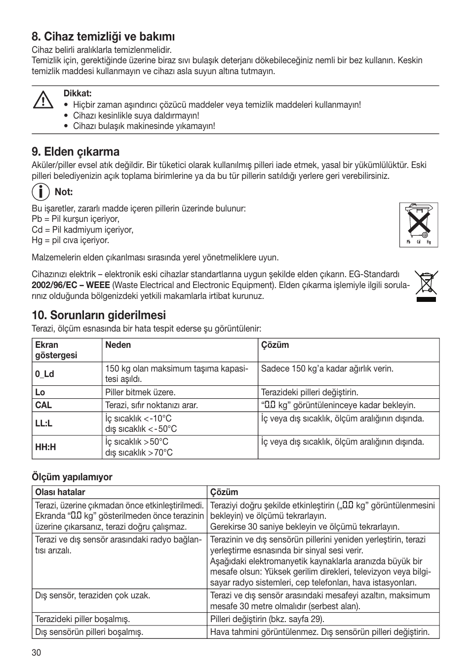 Cihaz temizliği ve bakımı, Elden çıkarma, Sorunların giderilmesi | Beurer GS 80 User Manual | Page 30 / 44