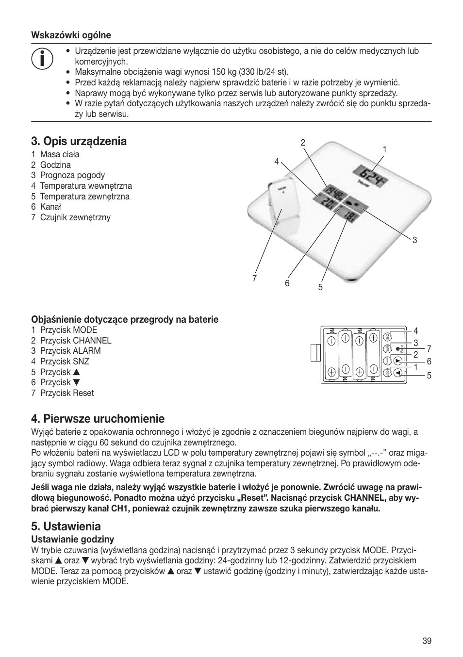 Opis urządzenia, Pierwsze uruchomienie, Ustawienia | Beurer GS 80 User Manual | Page 39 / 44