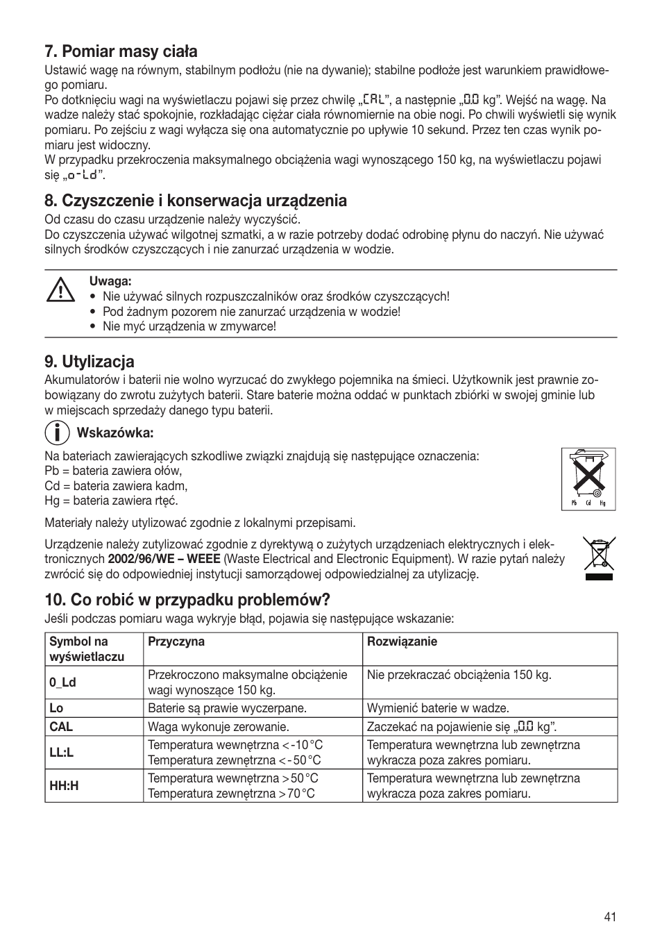 Pomiar masy ciała, Czyszczenie i konserwacja urządzenia, Utylizacja | Co robić w przypadku problemów | Beurer GS 80 User Manual | Page 41 / 44