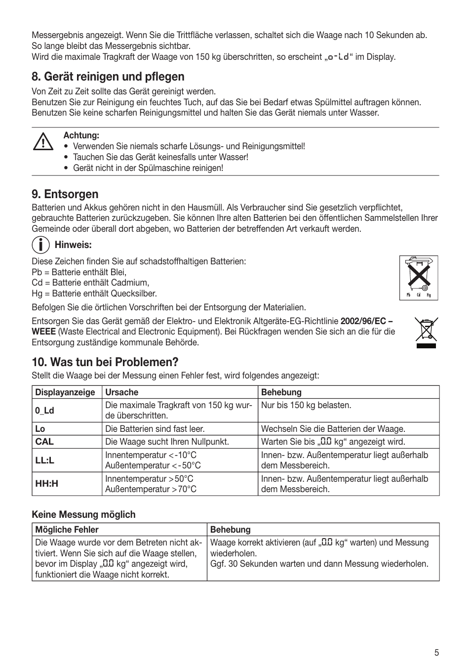 Gerät reinigen und pﬂ egen, Entsorgen, Was tun bei problemen | Beurer GS 80 User Manual | Page 5 / 44