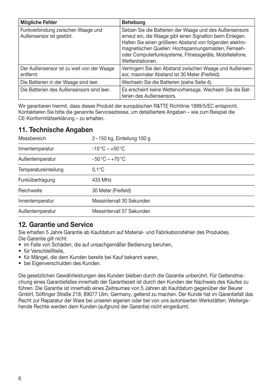 Technische angaben, Garantie und service | Beurer GS 80 User Manual | Page 6 / 44