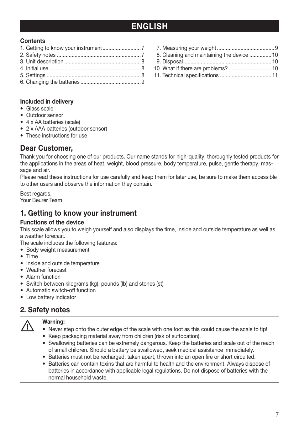 English, Dear customer, Getting to know your instrument | Beurer GS 80 User Manual | Page 7 / 44