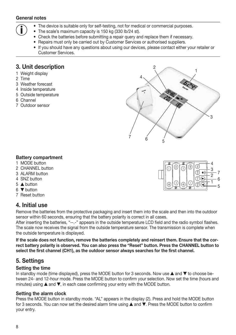 Unit description, Initial use, Settings | Beurer GS 80 User Manual | Page 8 / 44