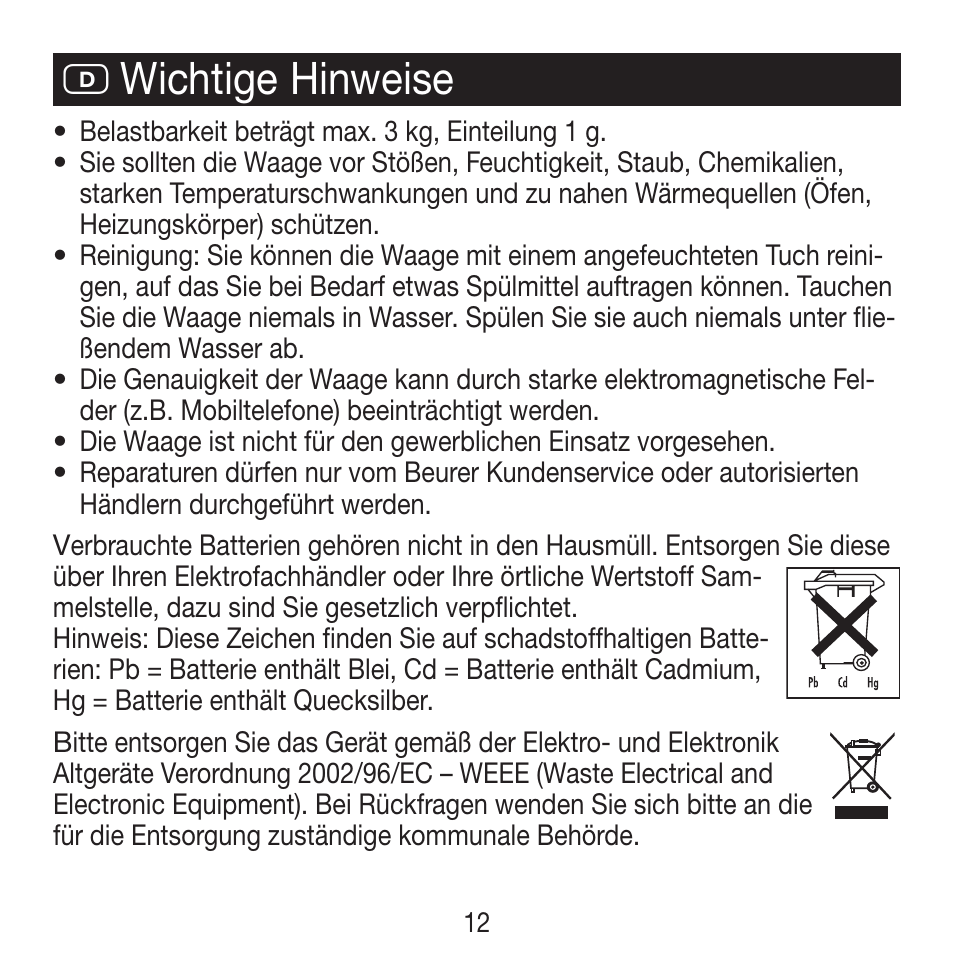 D wichtige hinweise | Beurer KS 21 User Manual | Page 12 / 34