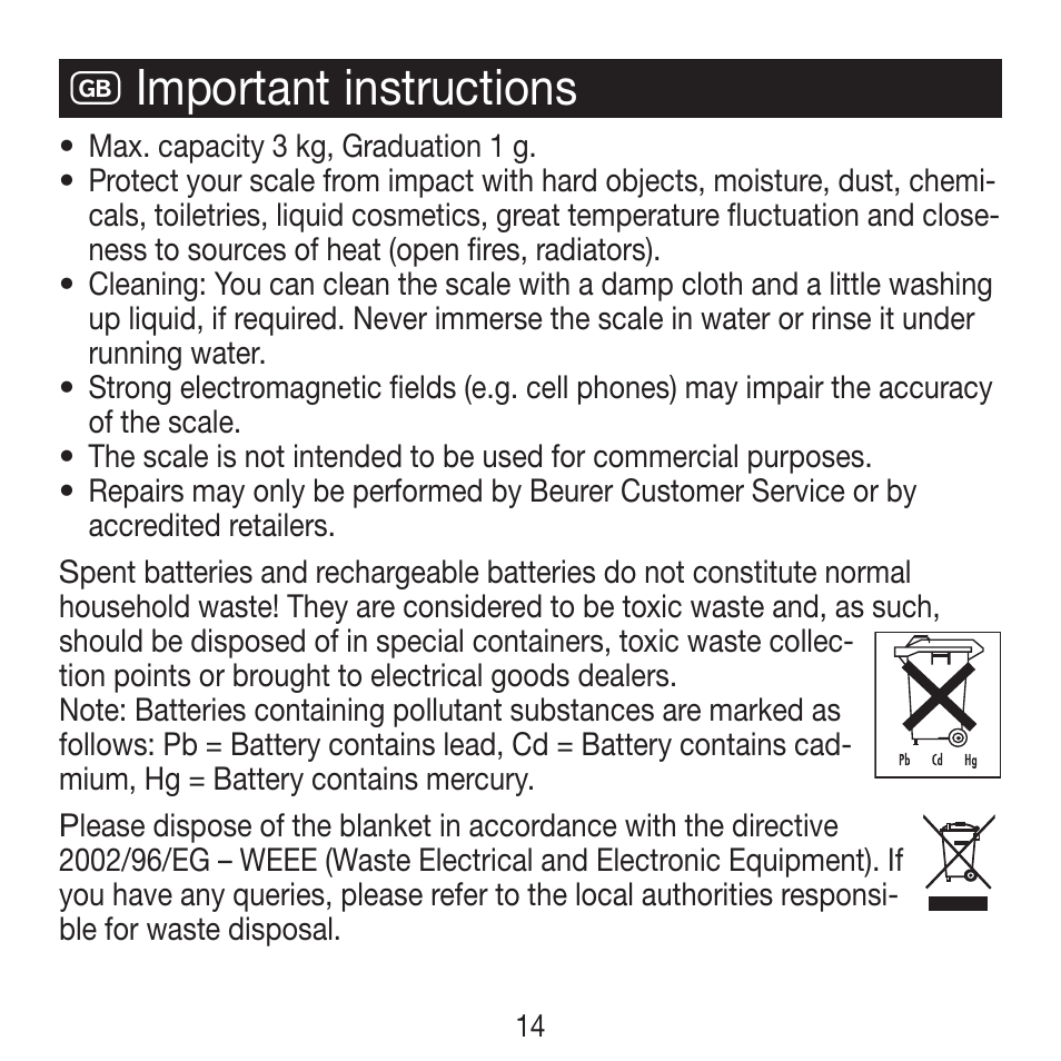 G important instructions | Beurer KS 21 User Manual | Page 14 / 34