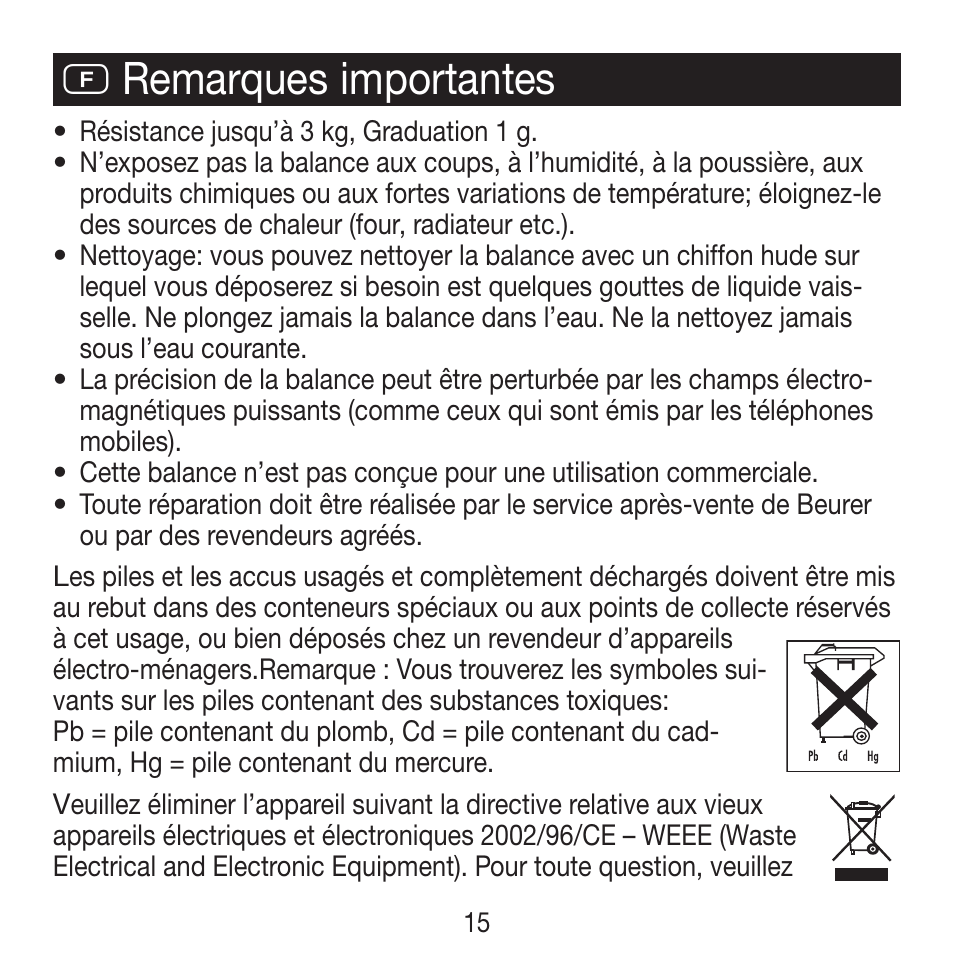 F remarques importantes | Beurer KS 21 User Manual | Page 15 / 34