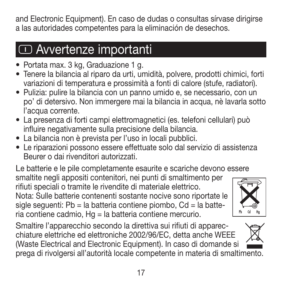 I avvertenze importanti | Beurer KS 21 User Manual | Page 17 / 34