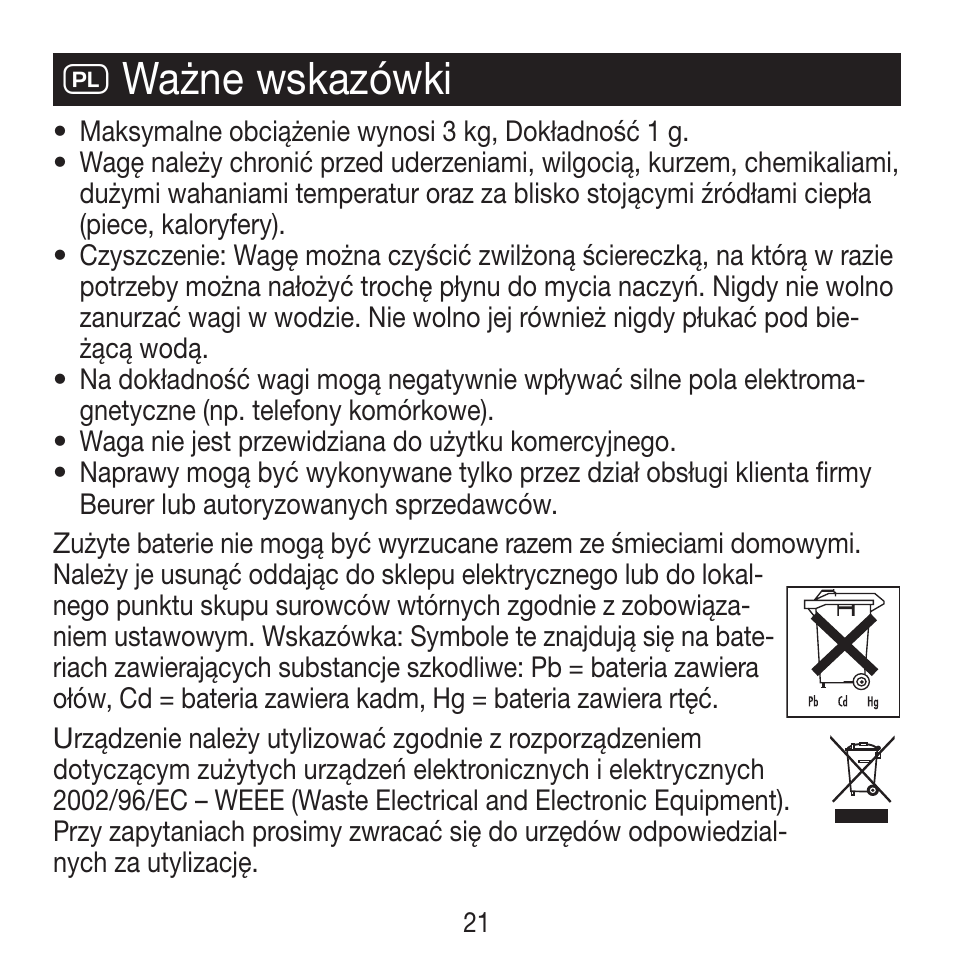 Q ważne wskazówki | Beurer KS 21 User Manual | Page 21 / 34