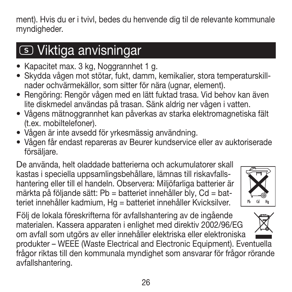 S viktiga anvisningar | Beurer KS 21 User Manual | Page 26 / 34