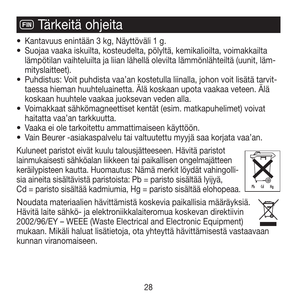 Tärkeitä ohjeita | Beurer KS 21 User Manual | Page 28 / 34