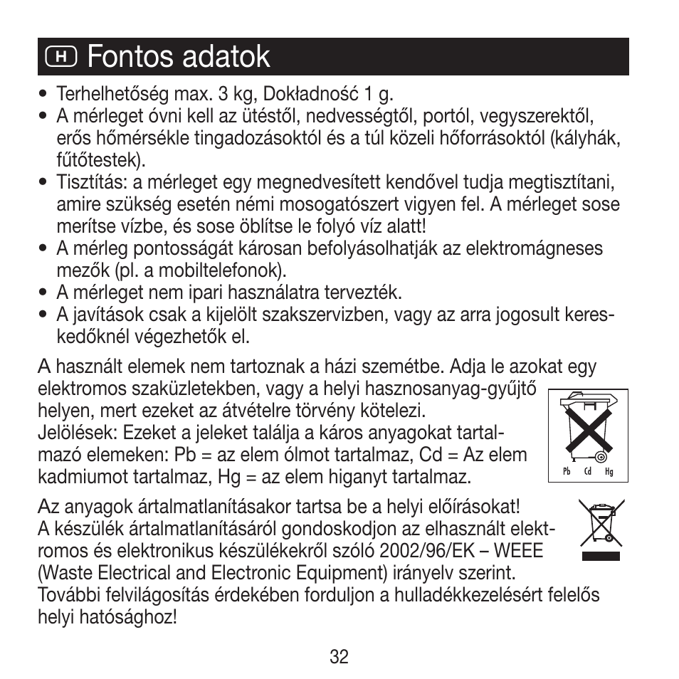 H fontos adatok | Beurer KS 21 User Manual | Page 32 / 34