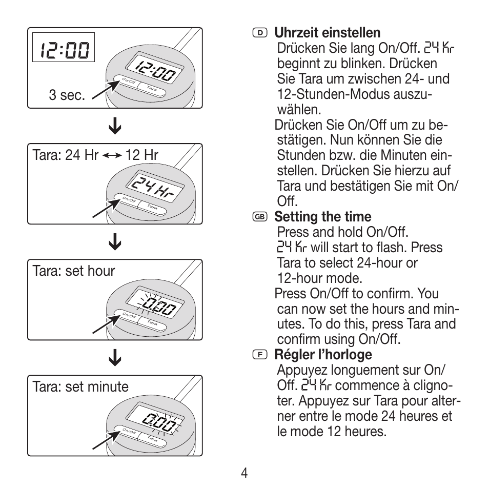 3 sec, Tara: set hour, Tara: set minute tara: 24 hr 12 hr | Beurer KS 21 User Manual | Page 4 / 34