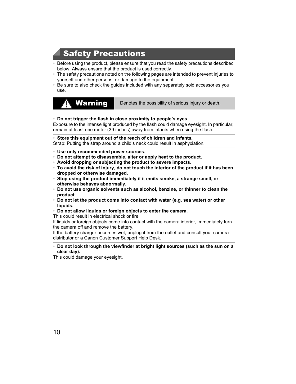Safety precautions, Warning | Canon 510 HS User Manual | Page 10 / 220