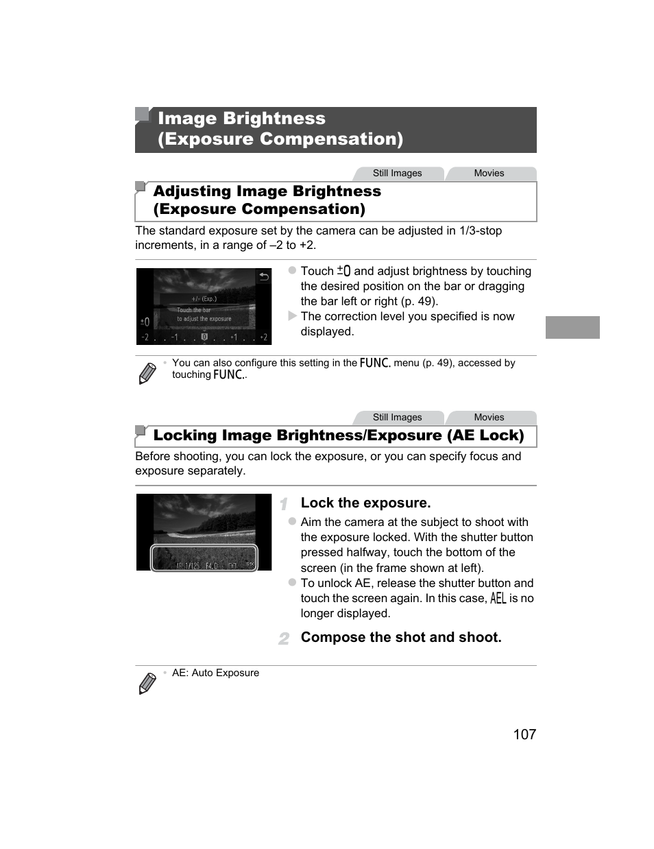 Image brightness (exposure compensation), Image brightness, Exposure compensation) | Pp. 107 – 127, Adjusting image brightness (exposure compensation), Locking image brightness/exposure (ae lock) | Canon 510 HS User Manual | Page 107 / 220