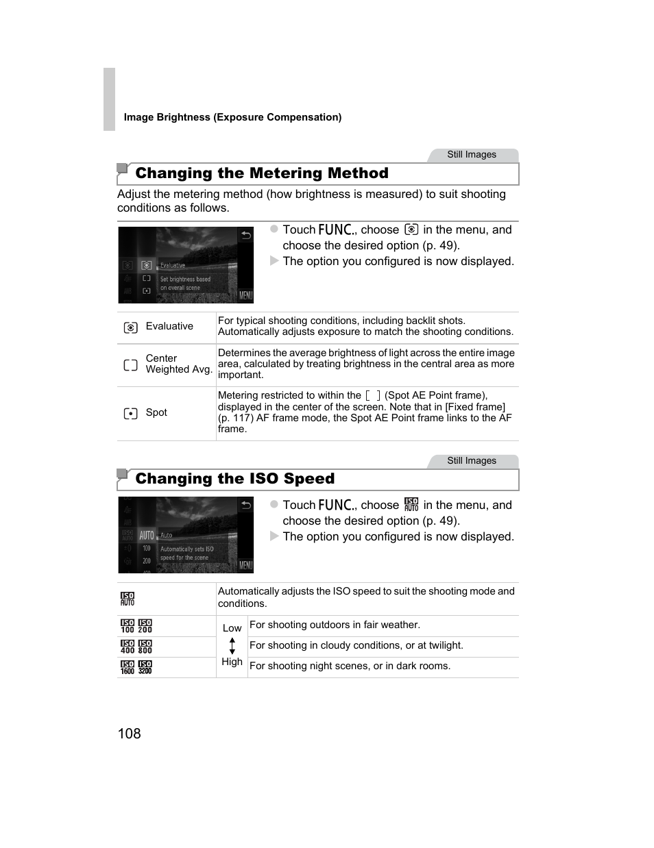 P. 108), Changing the metering method, Changing the iso speed | Canon 510 HS User Manual | Page 108 / 220