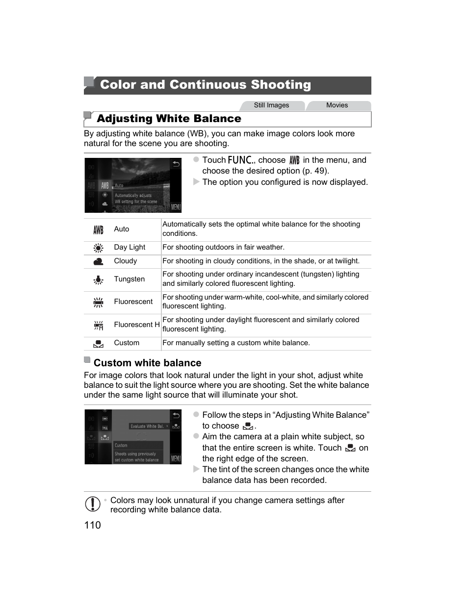 Color and continuous shooting, Adjusting white balance | Canon 510 HS User Manual | Page 110 / 220