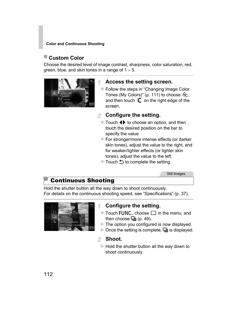 P. 112), and when [hg, Continuous shooting | Canon 510 HS User Manual | Page 112 / 220