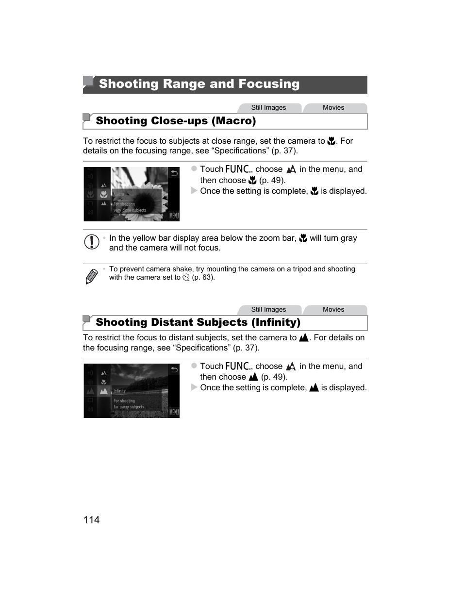 Shooting range and focusing, Shooting close-ups (macro), Shooting distant subjects (infinity) | Canon 510 HS User Manual | Page 114 / 220