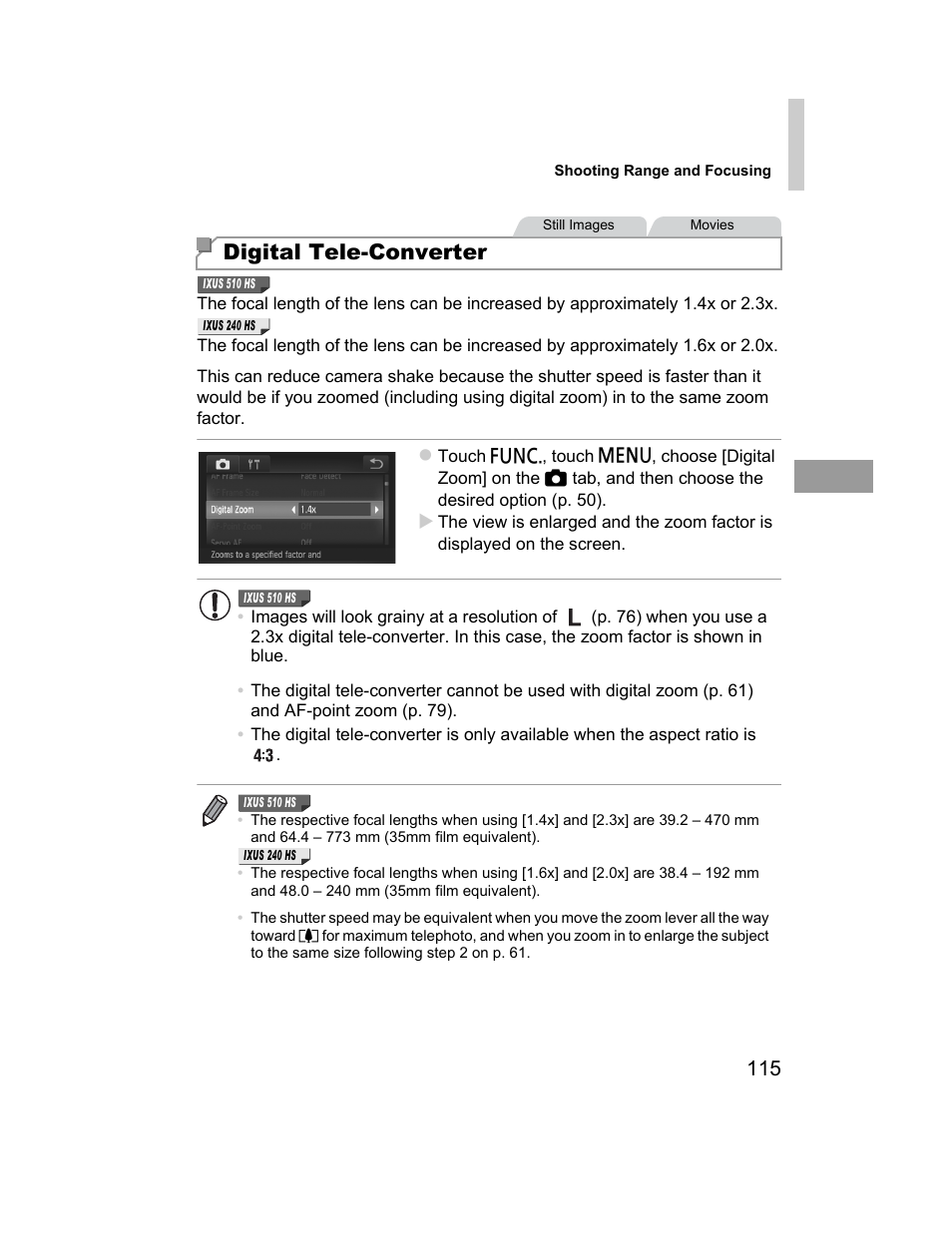 Rter (p. 115) or se, Digital tele-converter | Canon 510 HS User Manual | Page 115 / 220