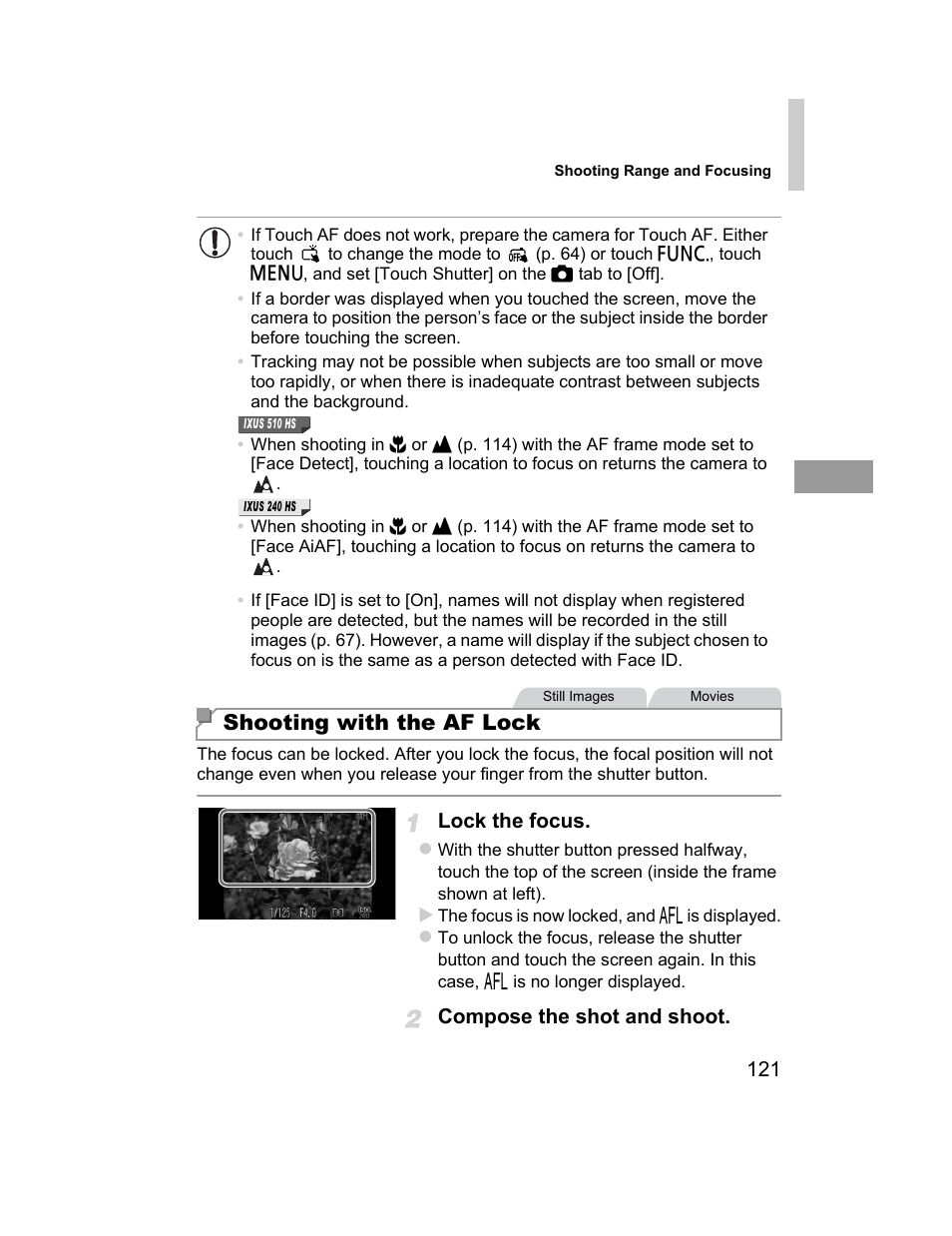 Shooting with the af lock | Canon 510 HS User Manual | Page 121 / 220